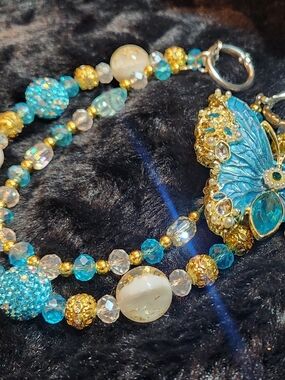 Blue and Gold Butterfly Beaded Purse/Phone Charm